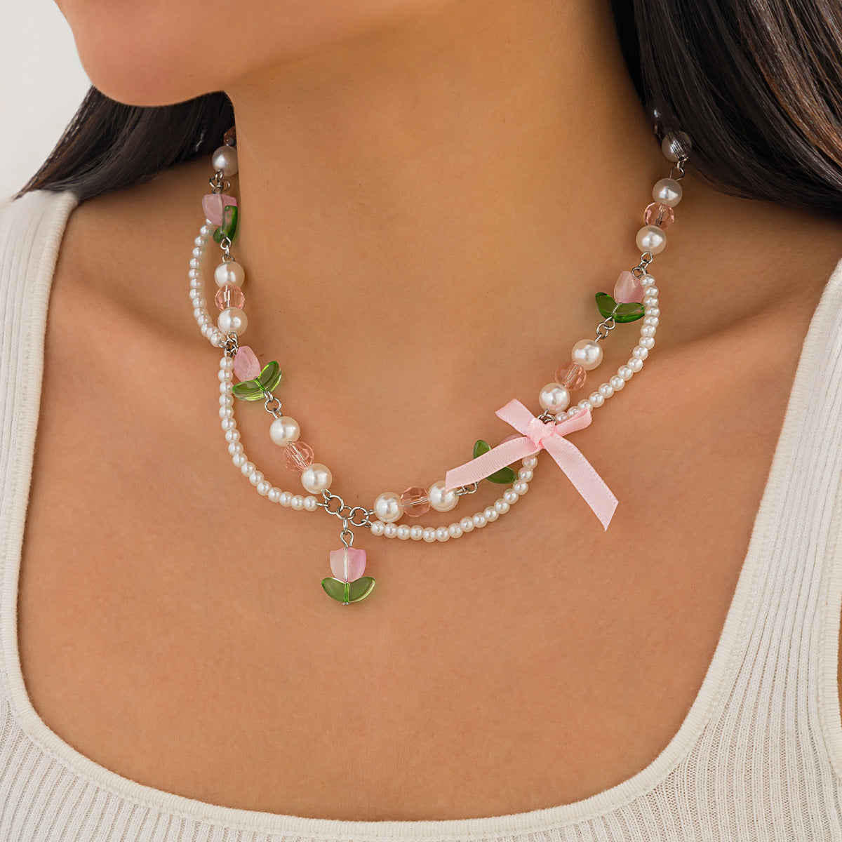 Sweet Style Bow Strawberry Simple Imitation Pearl Necklaces