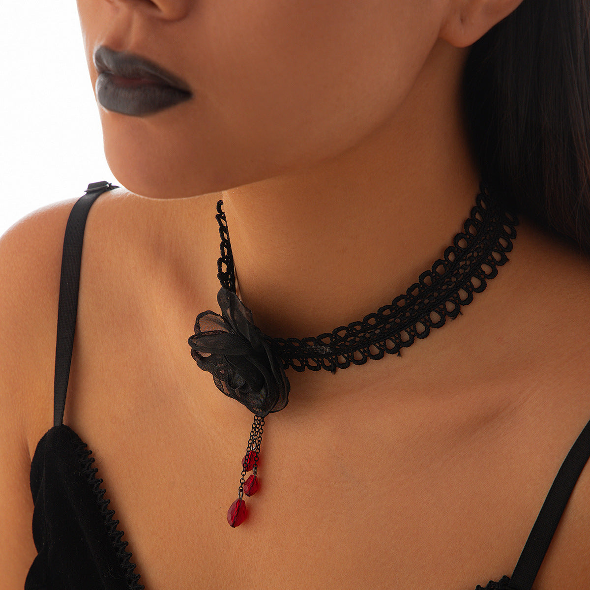 Halloween Dark Lace Crystal Tassel Rose Lolita Necklaces