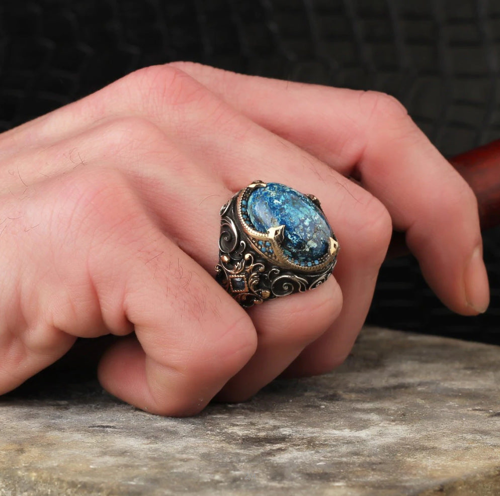 Men's Artisan Diamond Blue Carvings Vintage Rings
