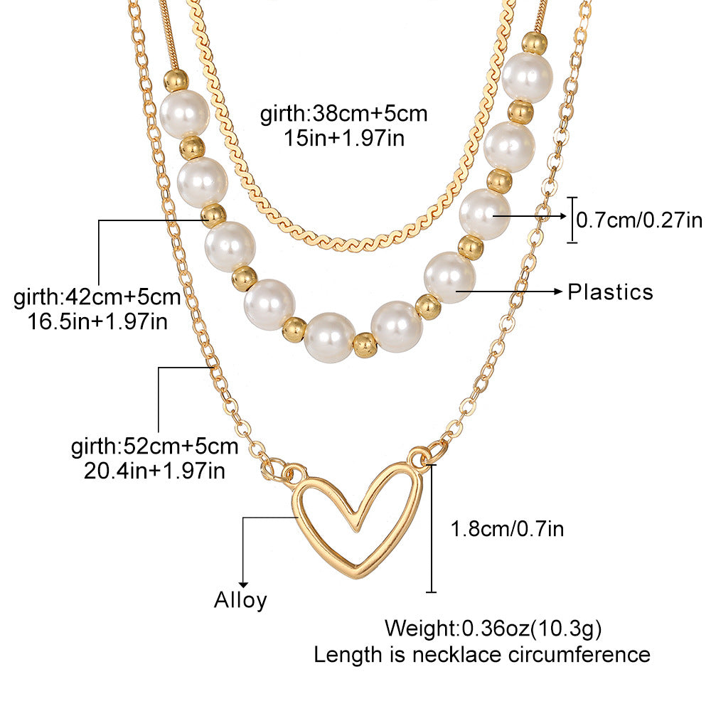 Women's Fashion Retro Love Heart Pearl Gold Twin Clavicle Necklaces