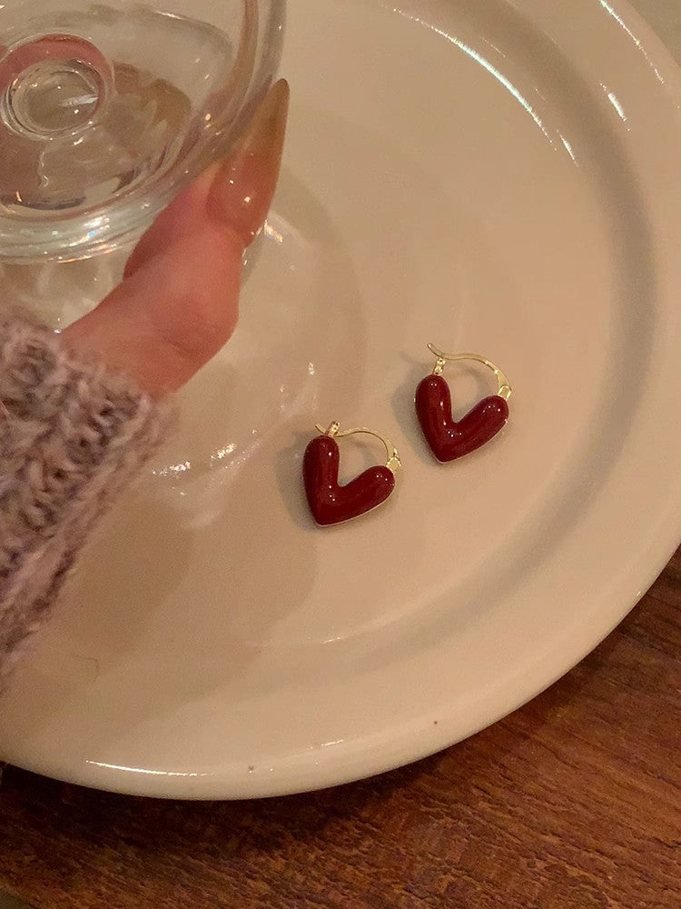 Red Female With Hearts Small Bean Earrings