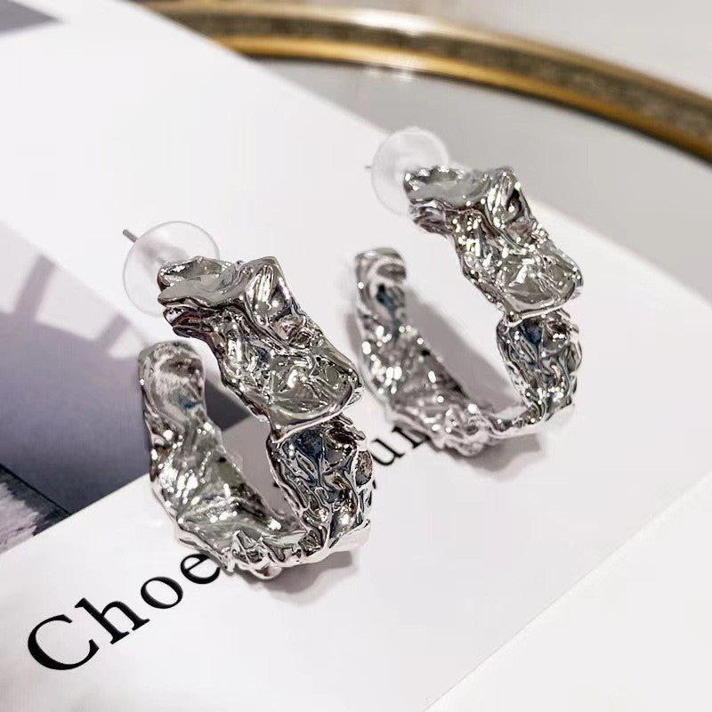 Sier Needle Metal Pleated Lava Ear Female Niche Design Earrings