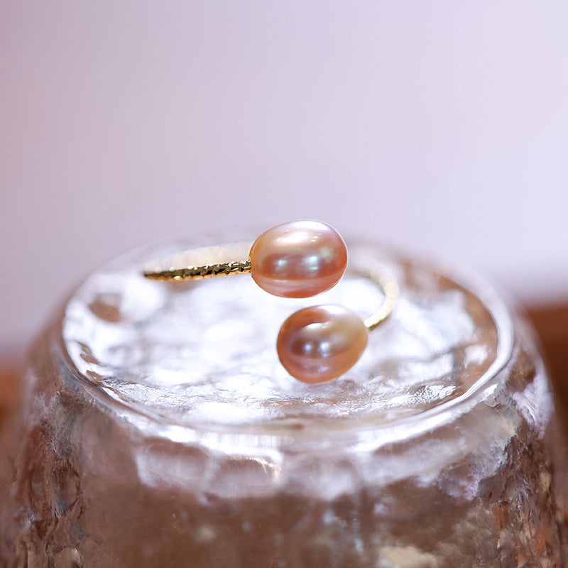 Women's French Elegant Natural Freshwater Pearl Three-color Open Mouth Index Rings