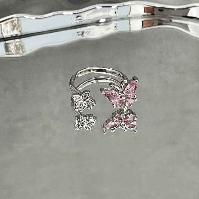 Sweet Cool Simple Graceful Pink Diamond Butterfly Opening Rings