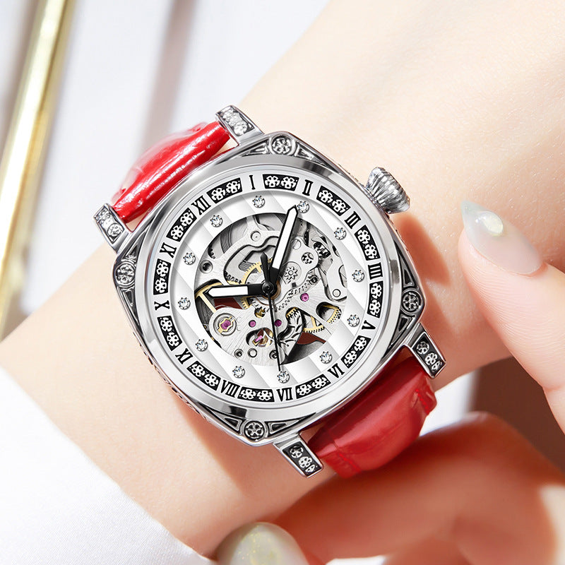 Men's Fashion Trend Carved Diamond Leather Needles Mechanical Watches