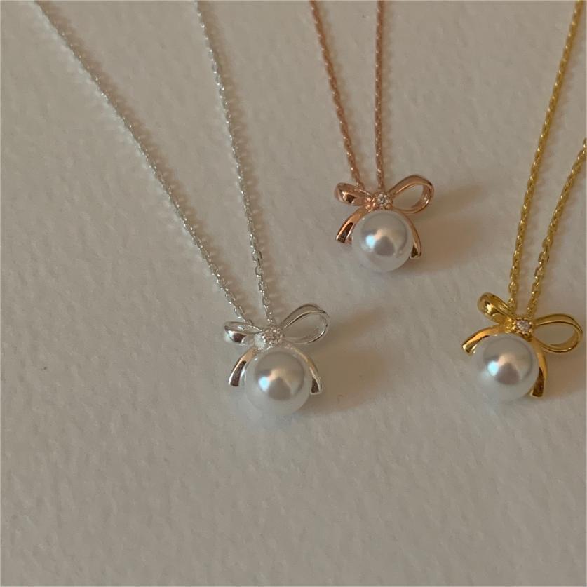 Korean Style Sterling Sier Bow Pearl Simple Necklaces