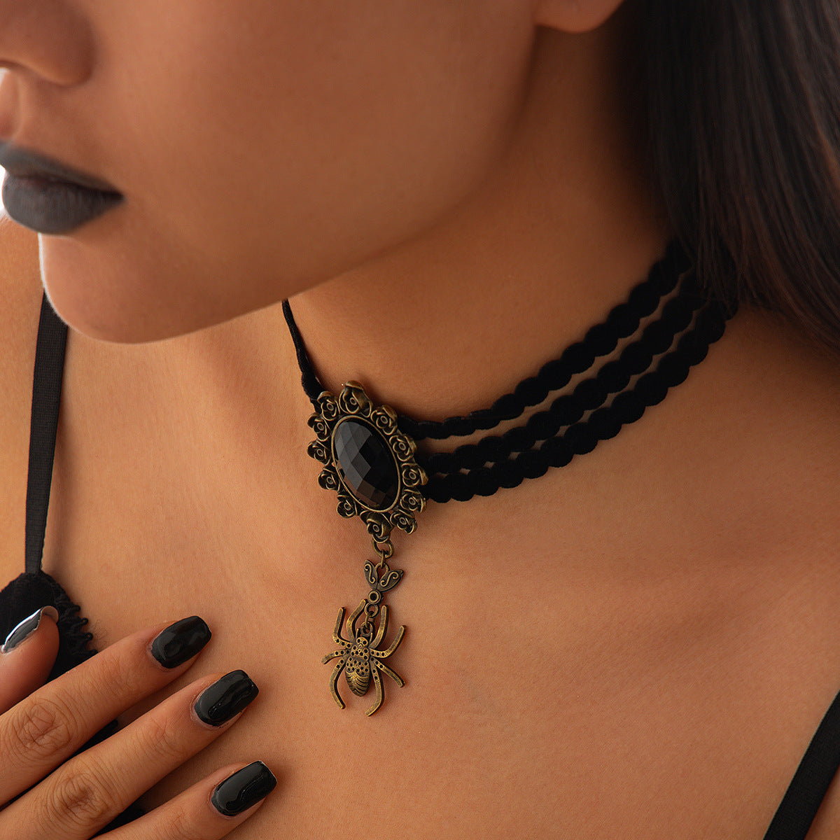 Halloween Dark Lace Crystal Tassel Rose Lolita Necklaces