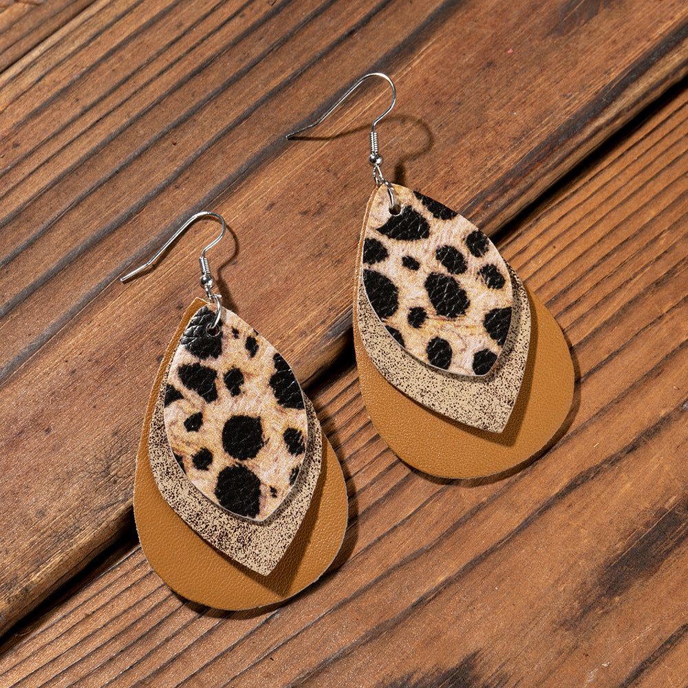 Retro Fashion Water Drop Leaf-shaped Leather Earrings