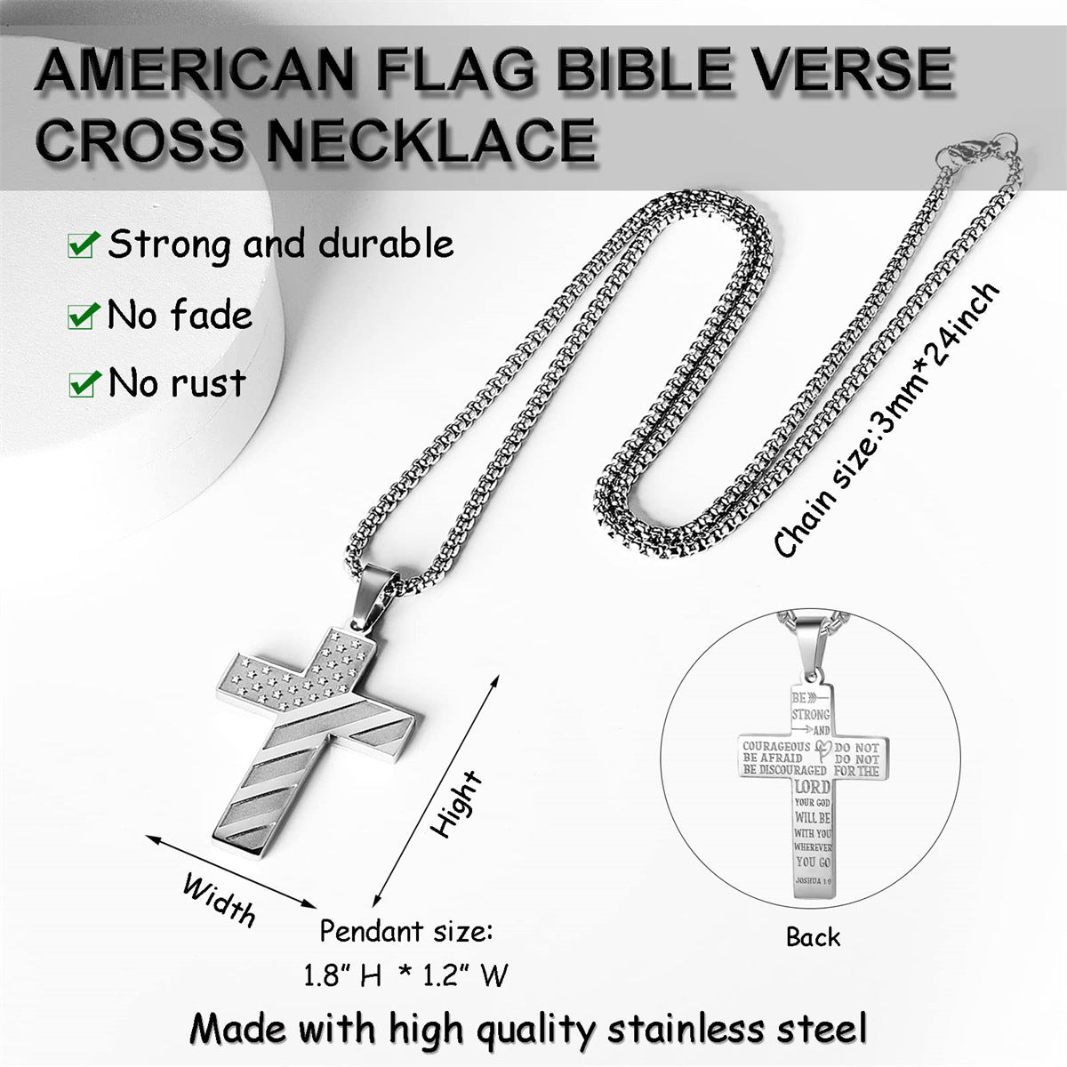 Men's Cross Stainless Steel Bible Patriotic Jewelry Inspirational Necklaces