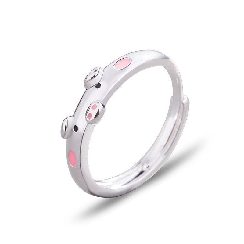 Sier Plated Couple Cute Pig Zodiac Animal Epoxy Rings