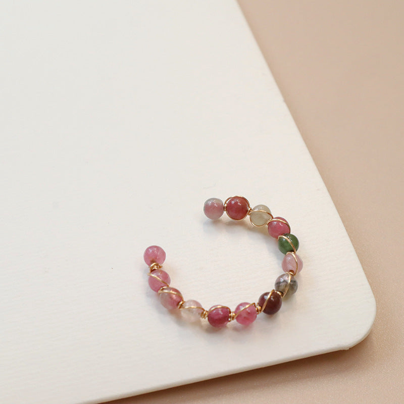 Tourmaline Sterling Sier Chinese Style Strawberry Quartz Charm Elastic Rings