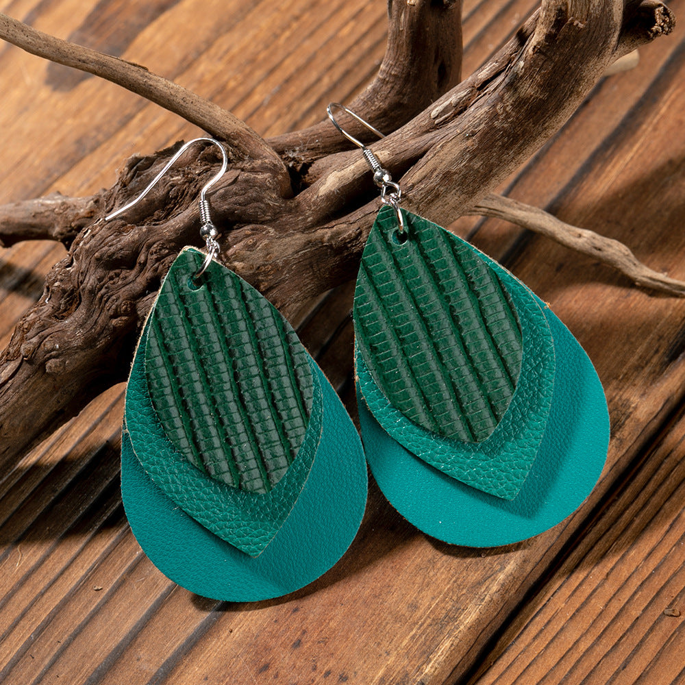Retro Fashion Water Drop Leaf-shaped Leather Earrings