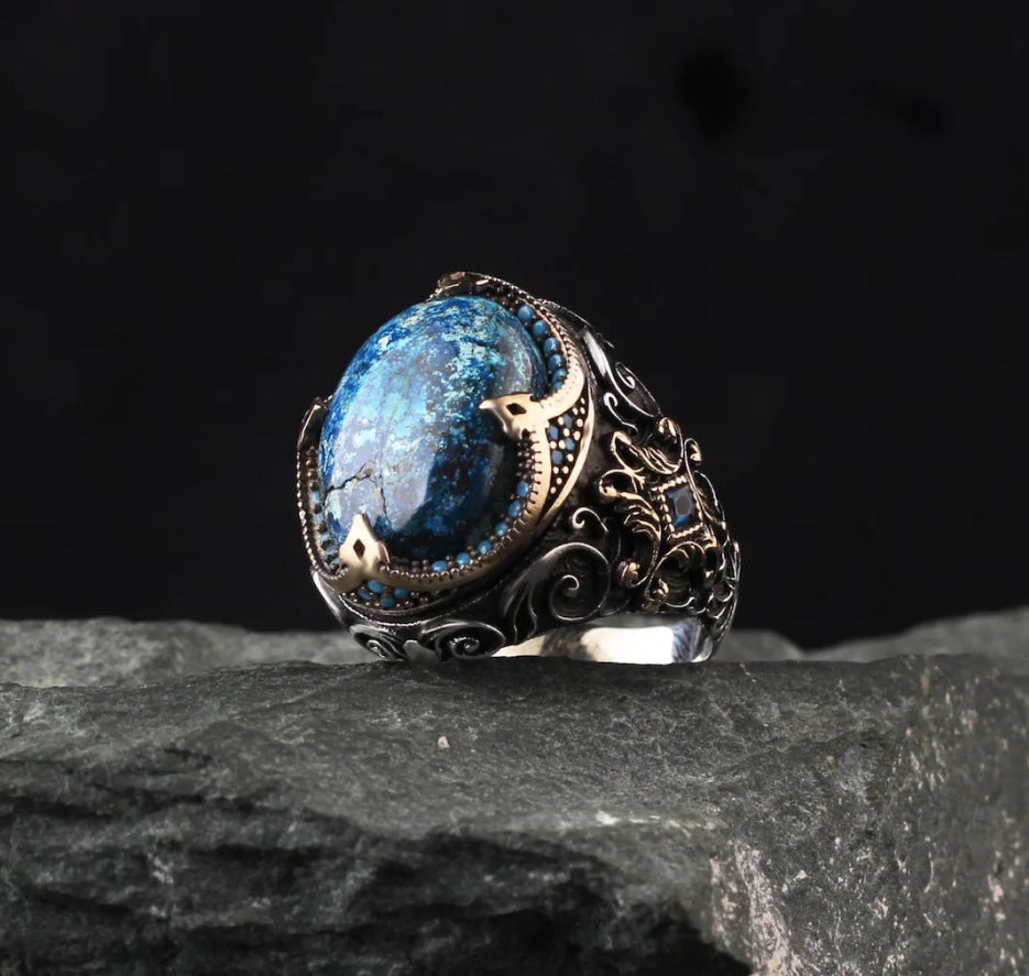 Men's Artisan Diamond Blue Carvings Vintage Rings
