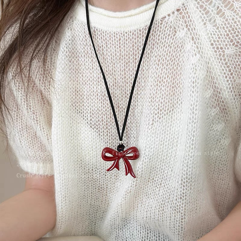 Women's Red Bow Minimalist Sweater Chain Minority Black Leather Necklaces