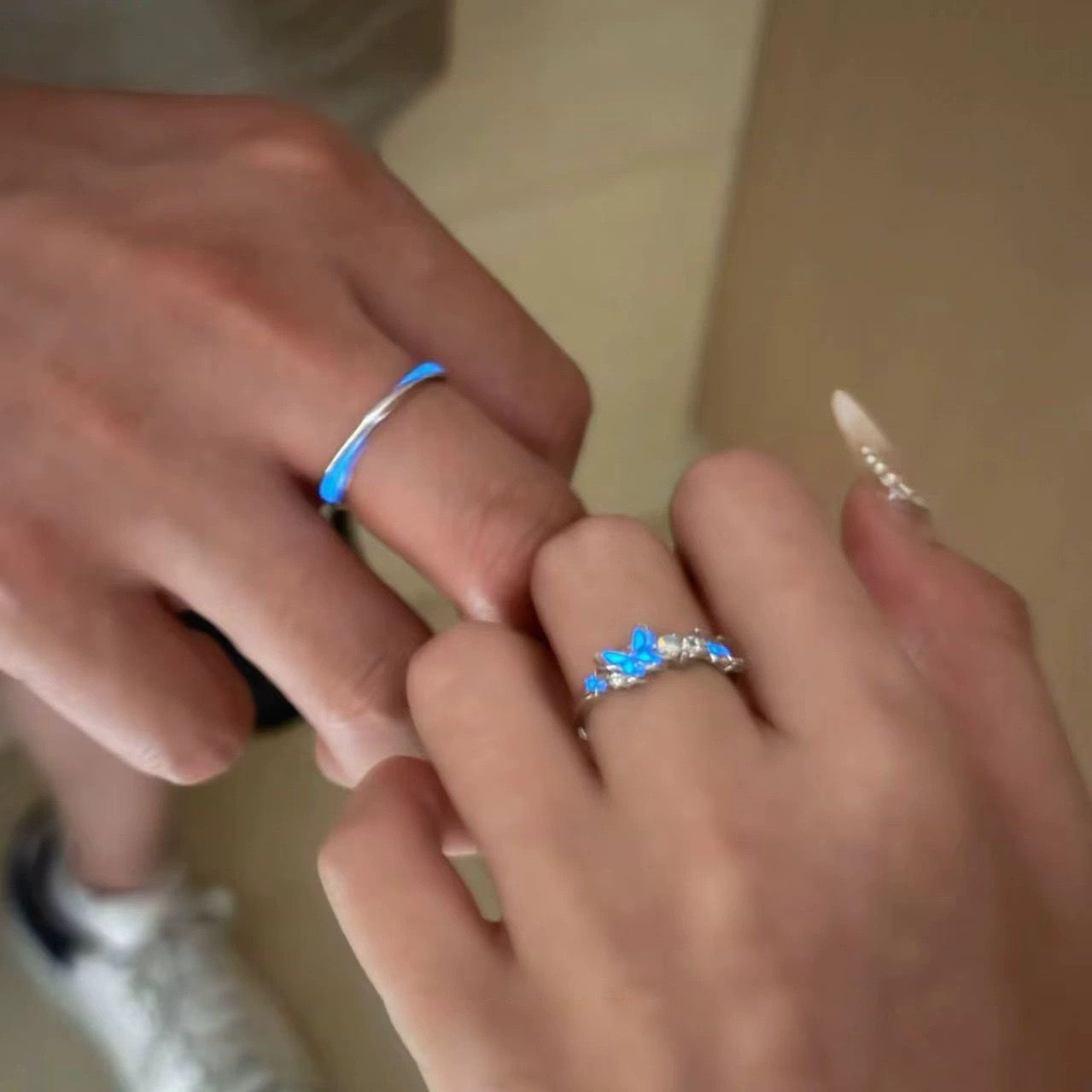 Sterling Sier Dream Blue Butterfly Luminous Couple Rings