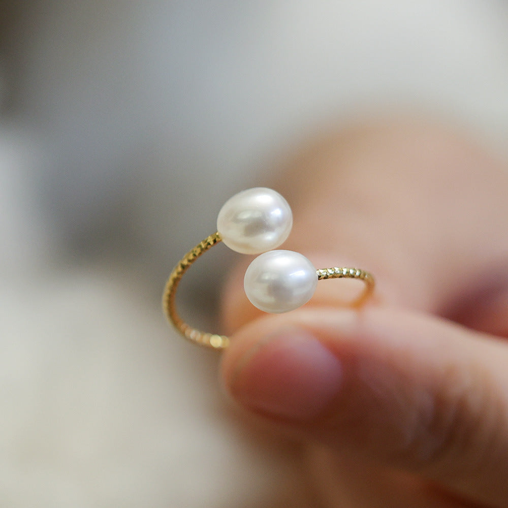 Women's French Elegant Natural Freshwater Pearl Three-color Open Mouth Index Rings