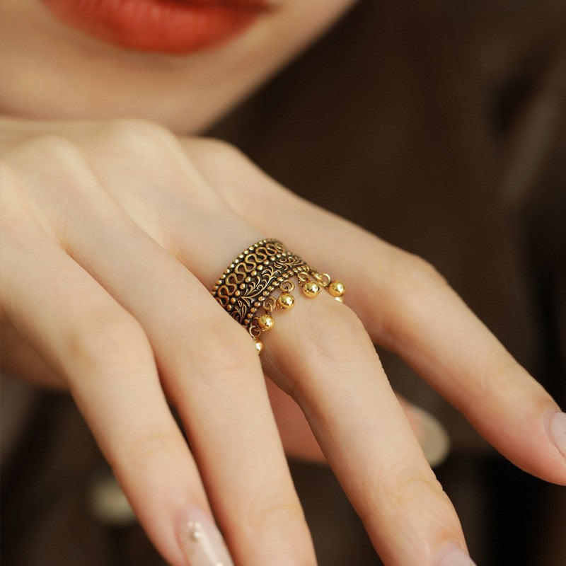 Round Beads Beanie Tassel Lace Hollow Opening Female Niche Rings