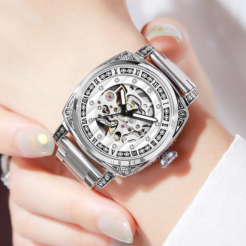 Men's Fashion Trend Carved Diamond Leather Needles Mechanical Watches