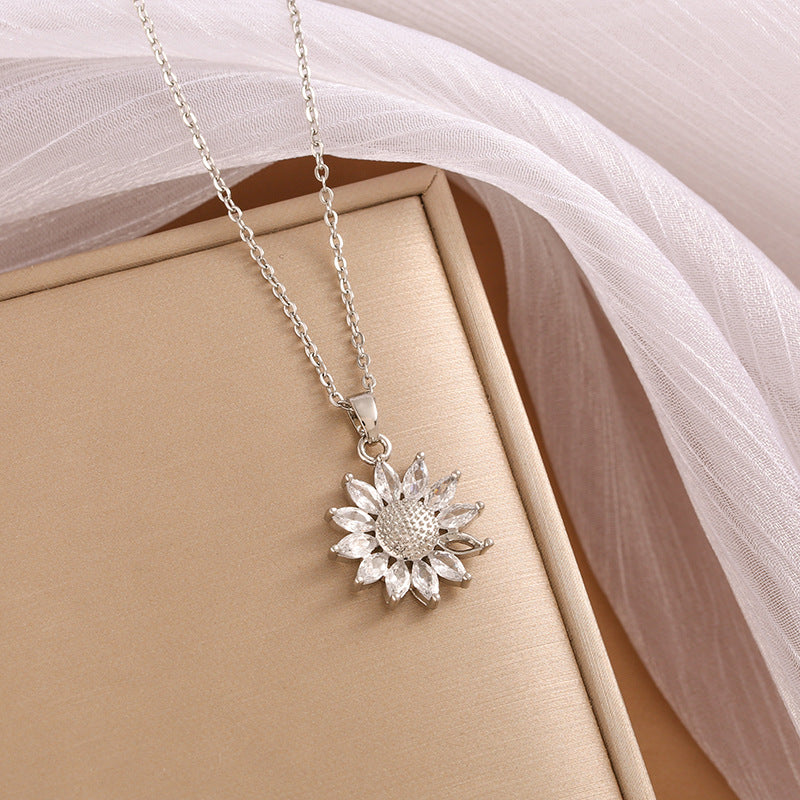 Sunflower Female Gold Titanium Steel Flower Zircon Clavicle Chain Necklaces