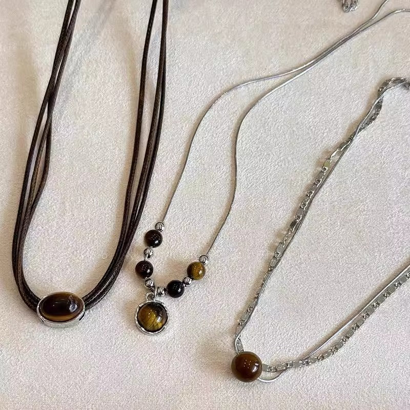 Women's Style Leather Tiger Eye Simple Sweater Chain Necklaces