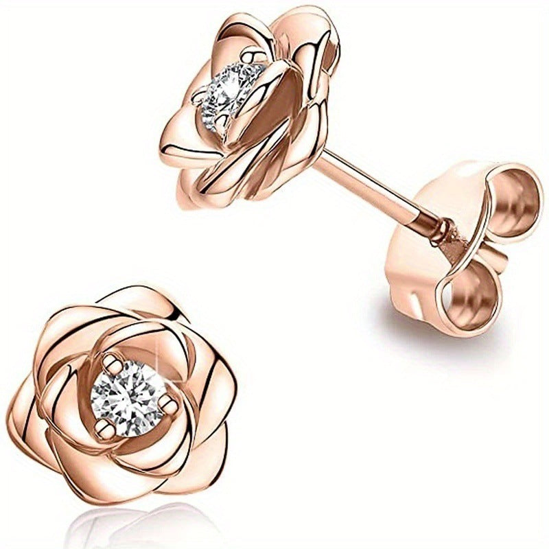 Gold White Zircon Rose Lady Temperament Earrings