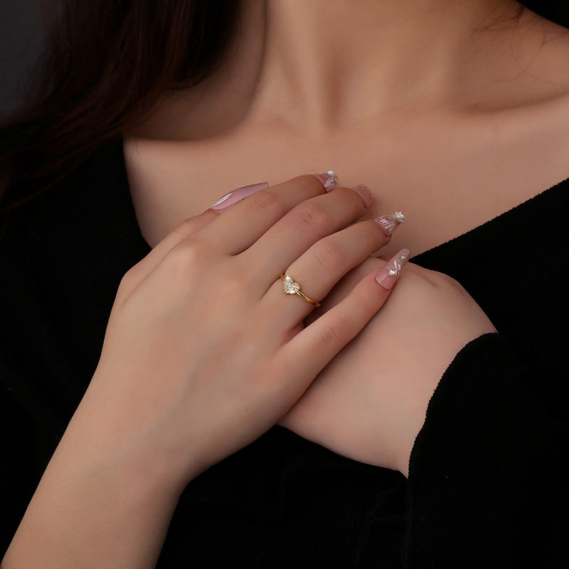 Women's Heart-shaped Sterling Sier Sweet Rhinestone Heart Rings