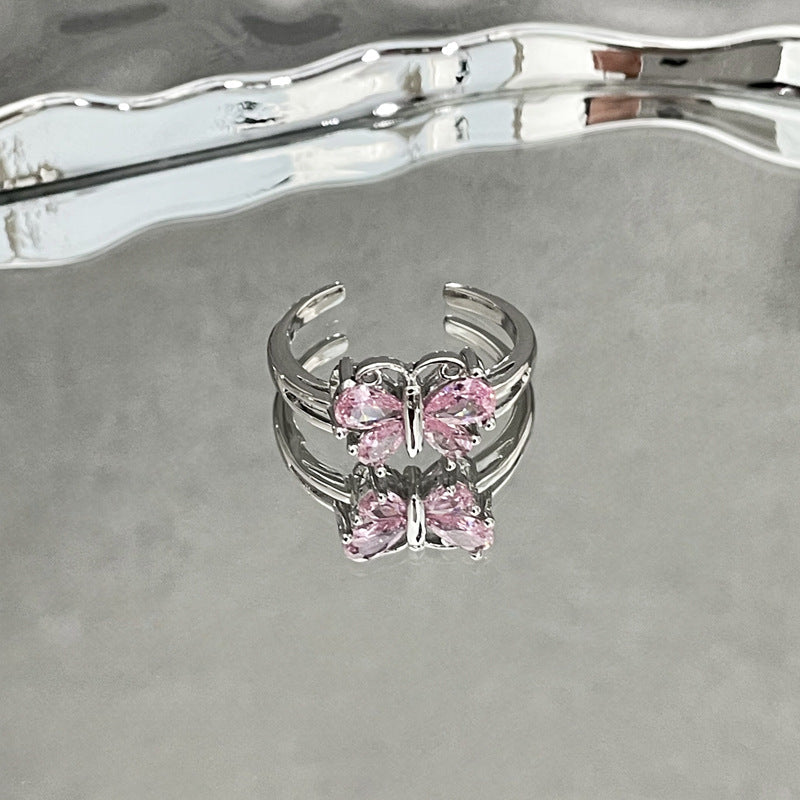 Sweet Cool Simple Graceful Pink Diamond Butterfly Opening Rings