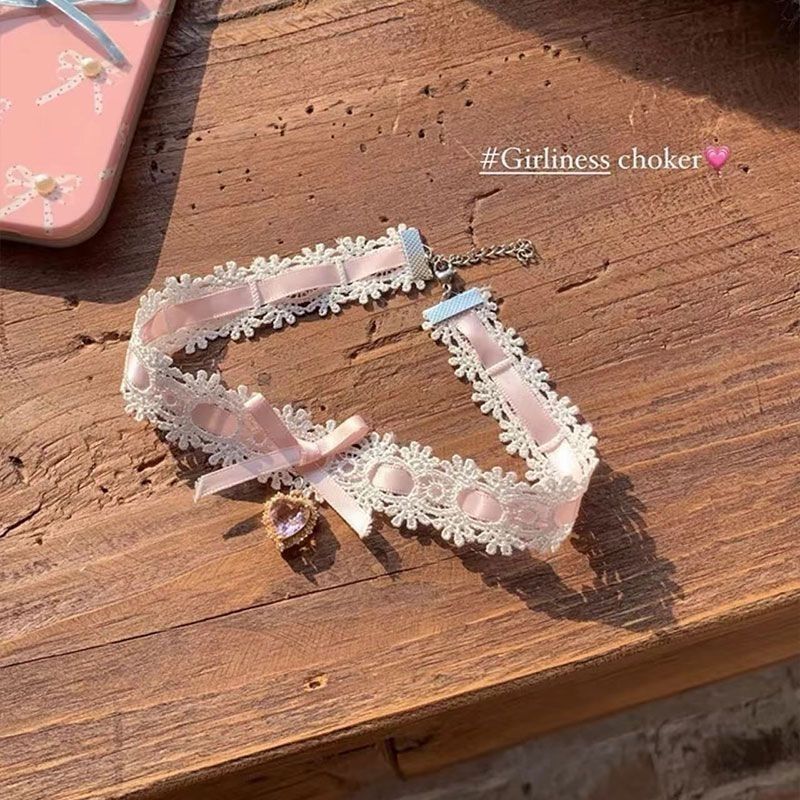 Sweet Lace Love Heart Bow Tie Necklaces