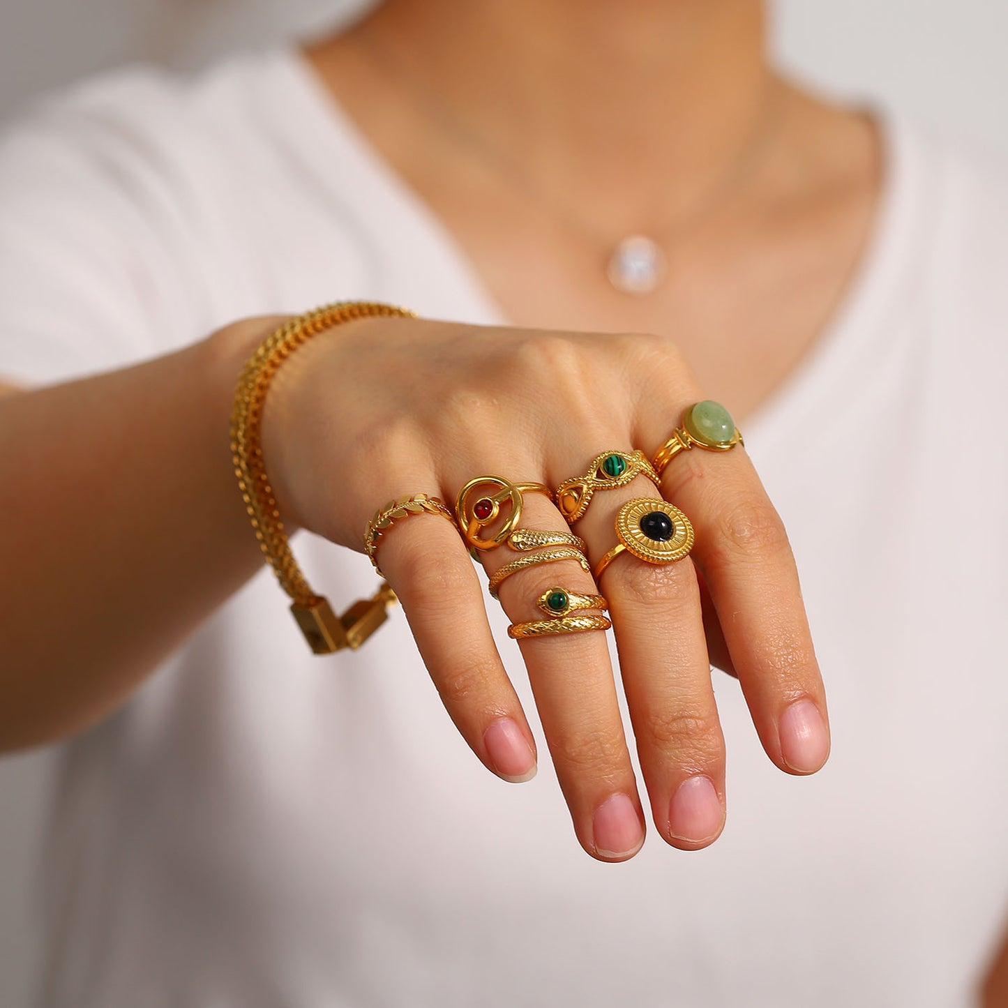 French Retro Stainless Steel Open Natural Stone Drop Rings