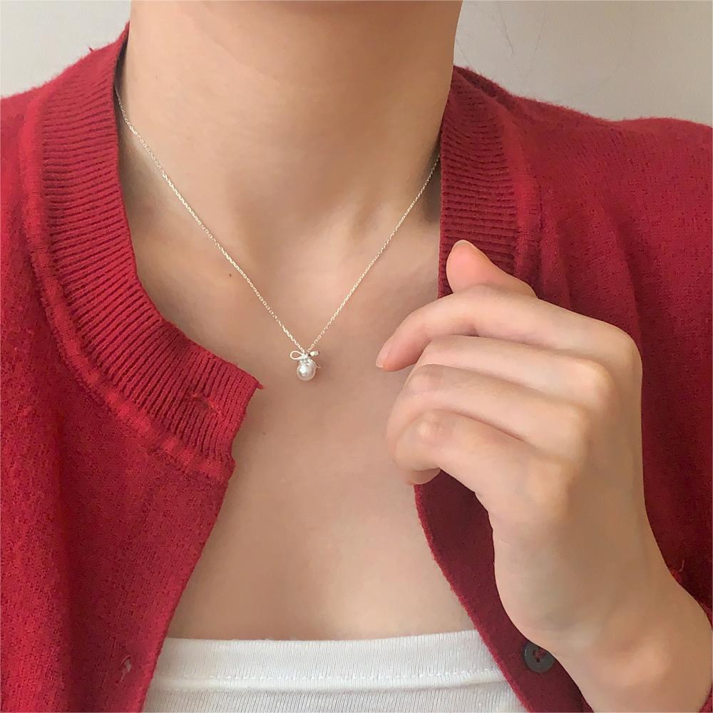 Korean Style Sterling Sier Bow Pearl Simple Necklaces