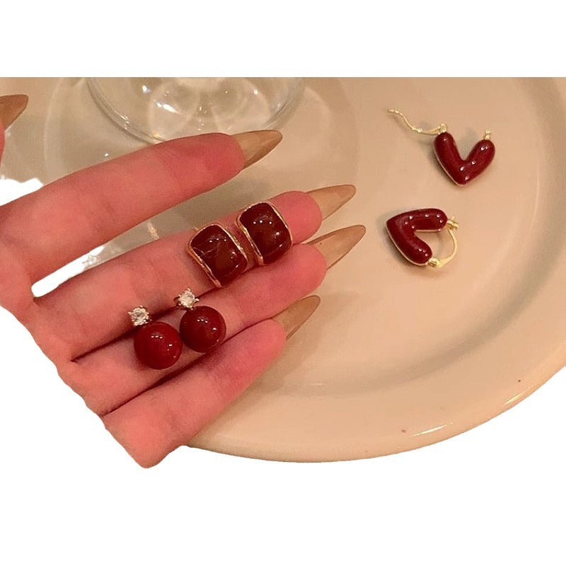 Red Female With Hearts Small Bean Earrings