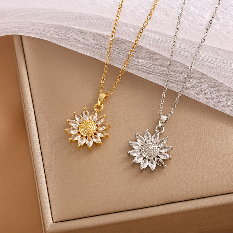 Sunflower Female Gold Titanium Steel Flower Zircon Clavicle Chain Necklaces