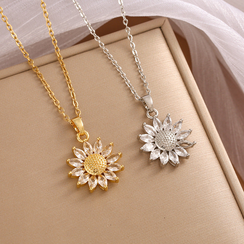 Sunflower Female Gold Titanium Steel Flower Zircon Clavicle Chain Necklaces