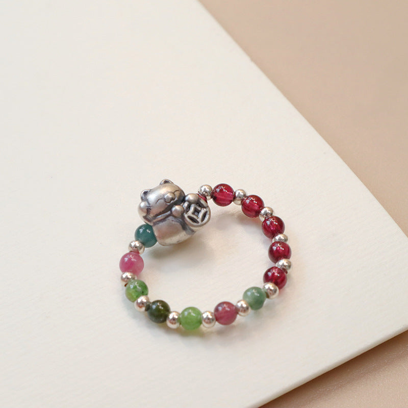 Tourmaline Sterling Sier Chinese Style Strawberry Quartz Charm Elastic Rings