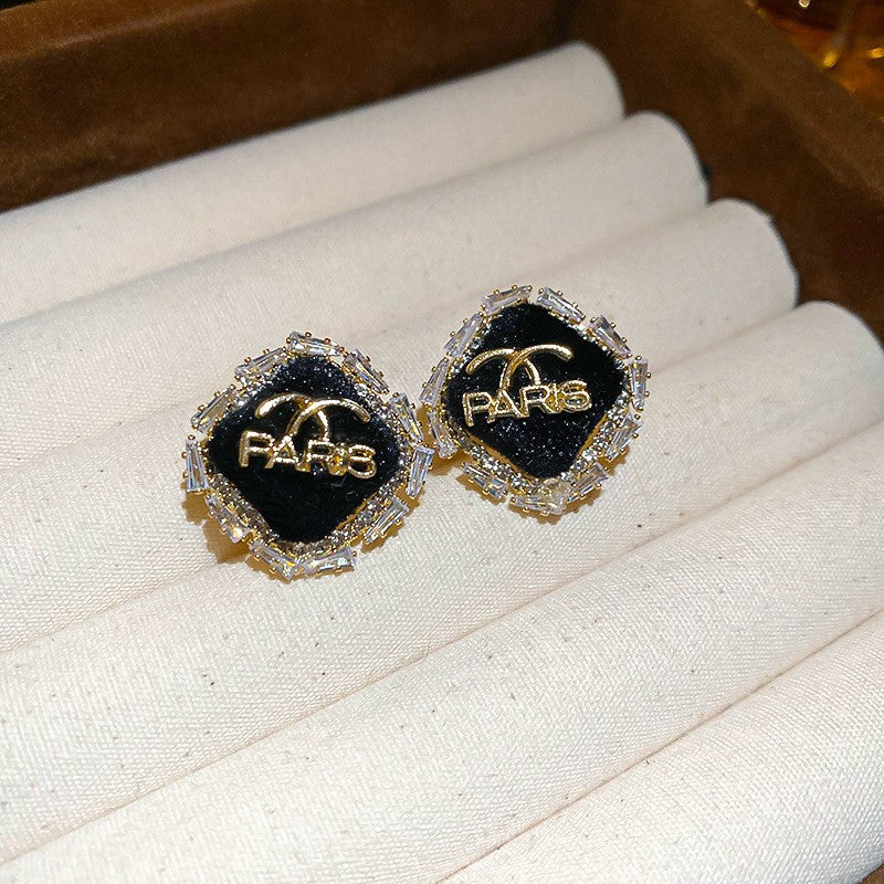 Needle Black Crystal Geometric Ear Minority Fashion Temperament Entry Earrings