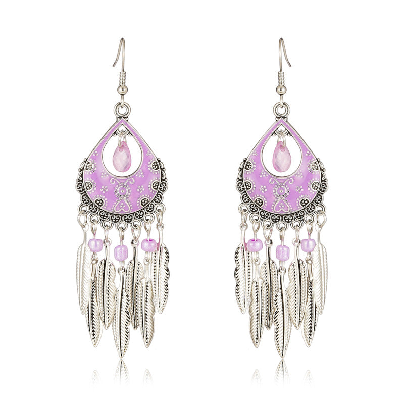 Color Daisy Ornament Fan-shaped Leaves Ethnic Earrings