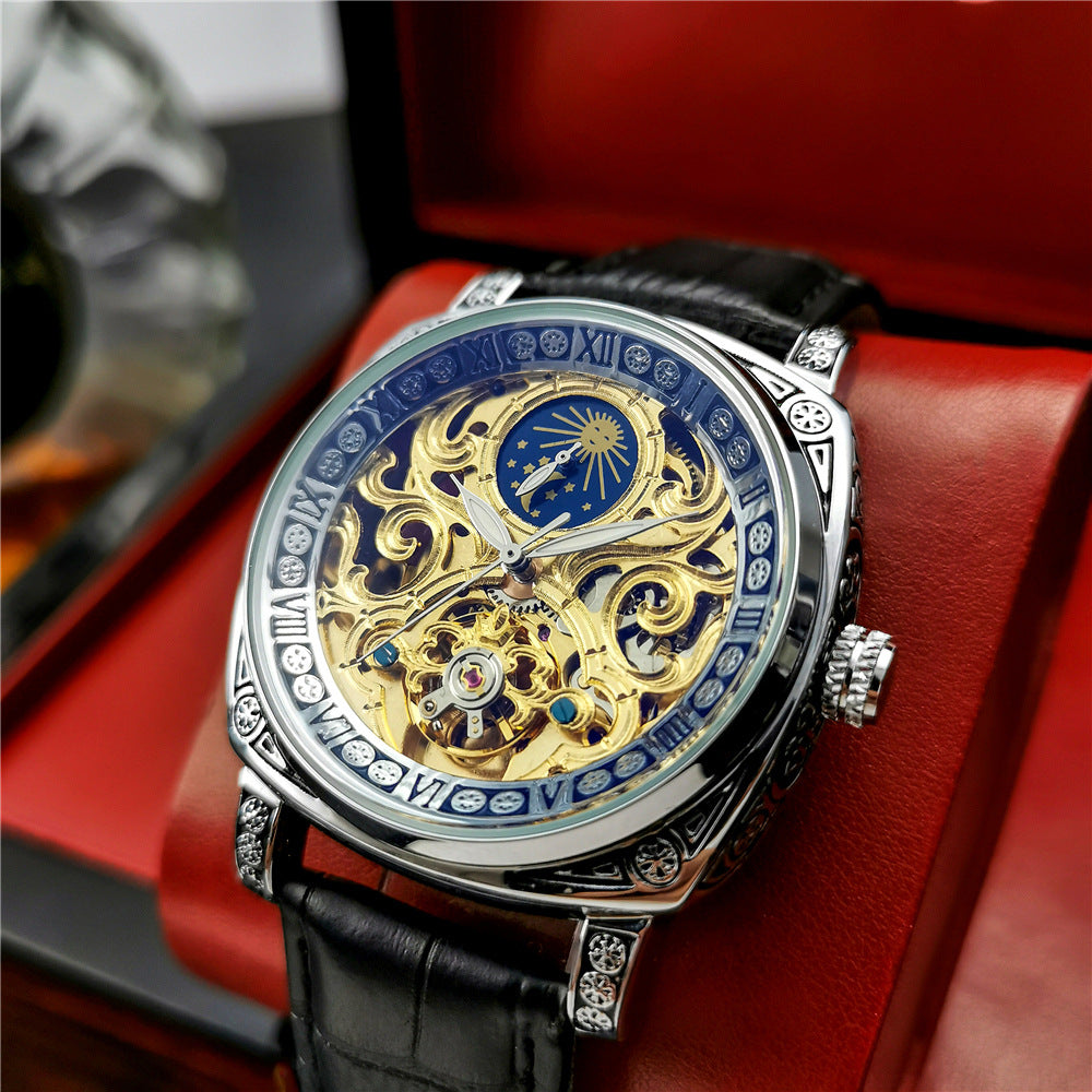 Men's Automatic Watch Transparent Luminous Moon Phase Mechanical Watches