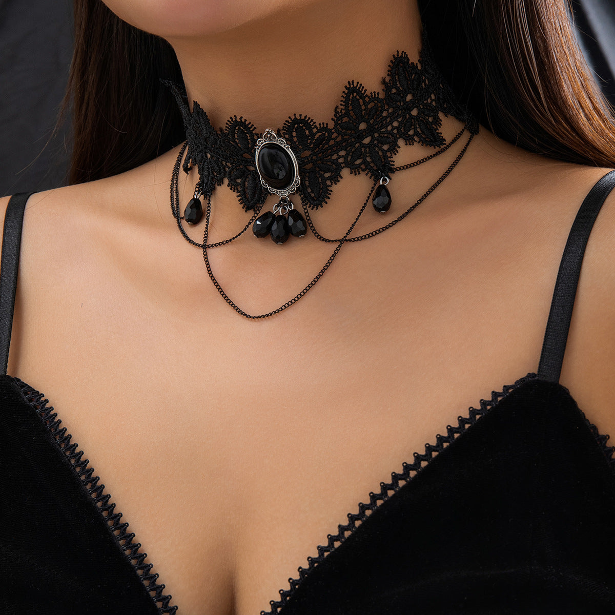 Halloween Dark Lace Crystal Tassel Rose Lolita Necklaces
