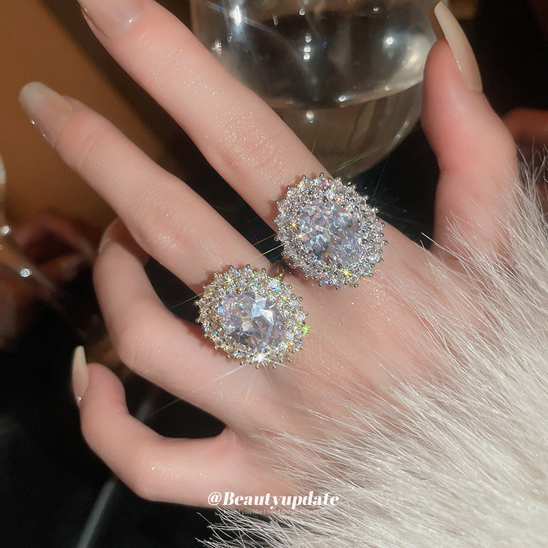 Zircon Oval Open Vintage Court Style Light Luxury High-grade Rings