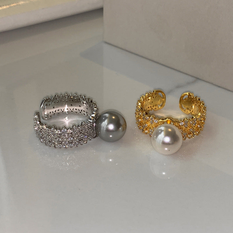 Women's Gray White Open-end Pearl Fashion Personality Rings