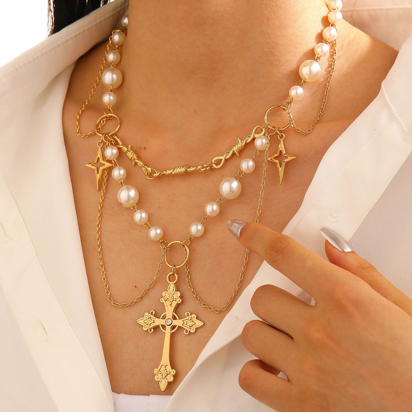Women's Imitation Pearl Tassel Love Cross Butterfly Necklaces