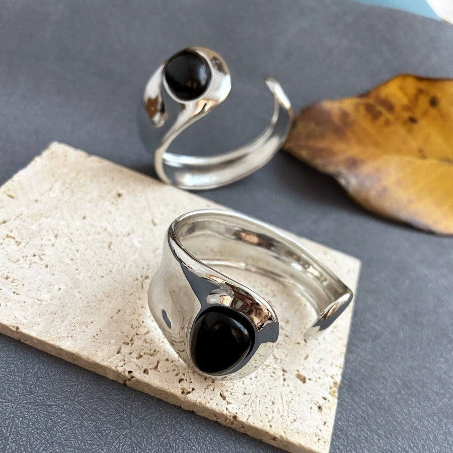 Women's Ma Obsidian Open Wide Face Chinese Rings