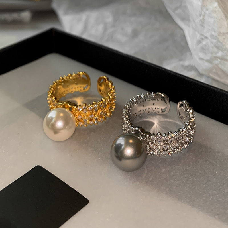 Women's Gray White Open-end Pearl Fashion Personality Rings
