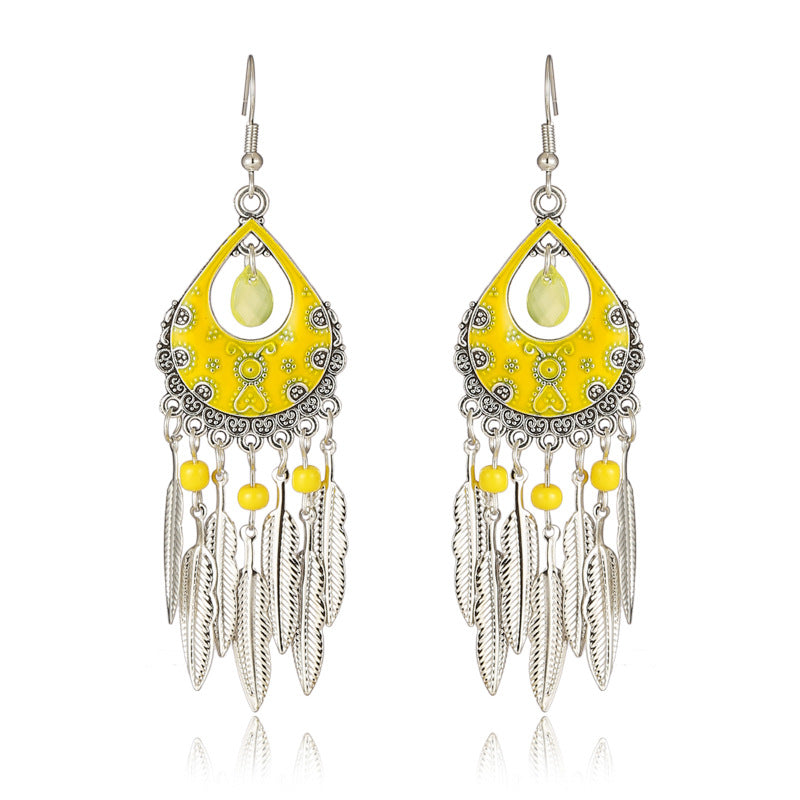 Color Daisy Ornament Fan-shaped Leaves Ethnic Earrings