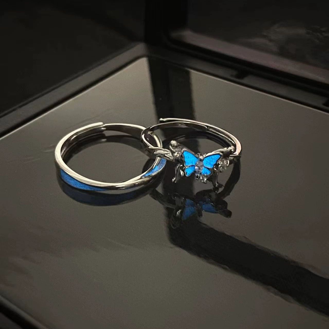 Sterling Sier Dream Blue Butterfly Luminous Couple Rings