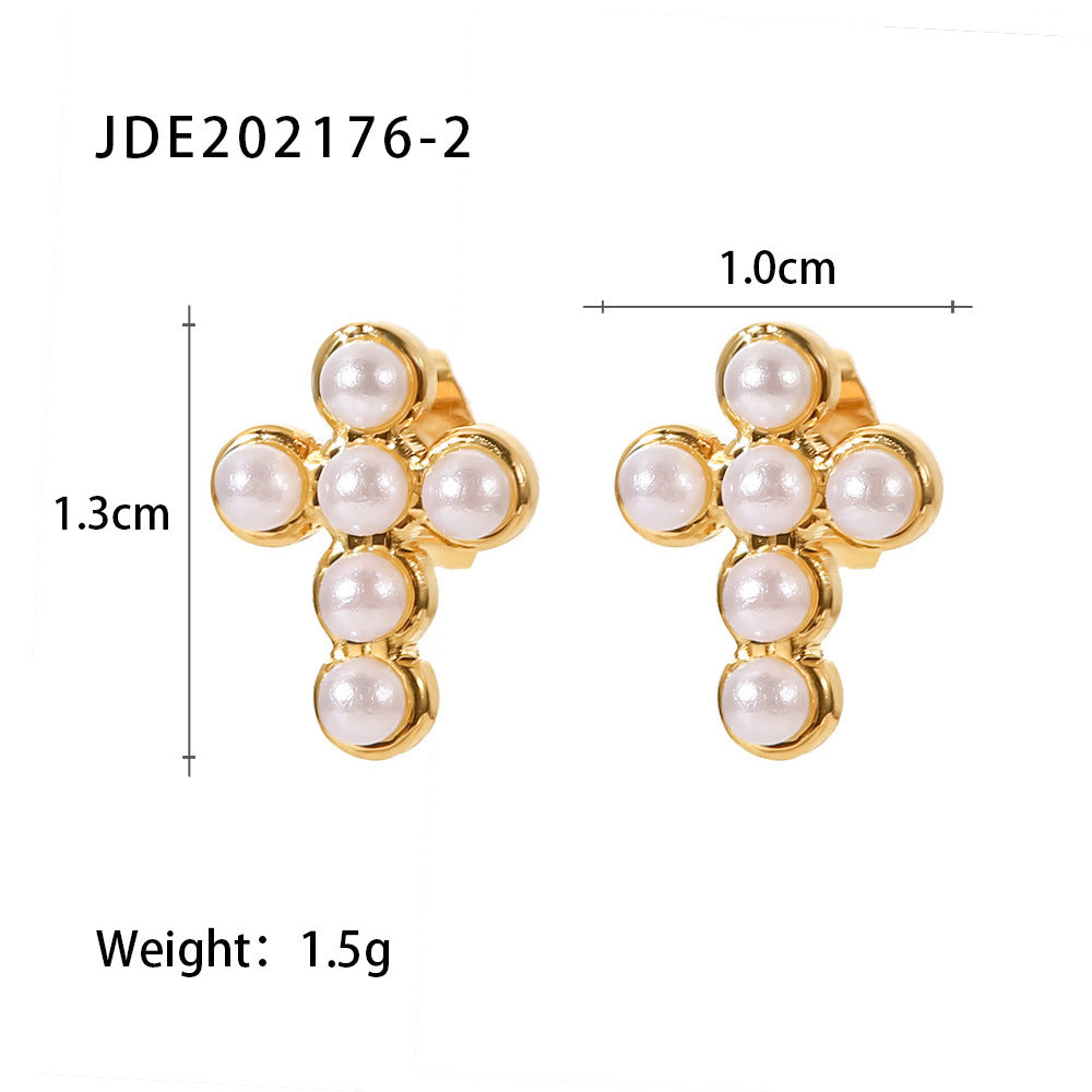 Women's Ding Ornament Stainless Steel Pearl Cross Earrings