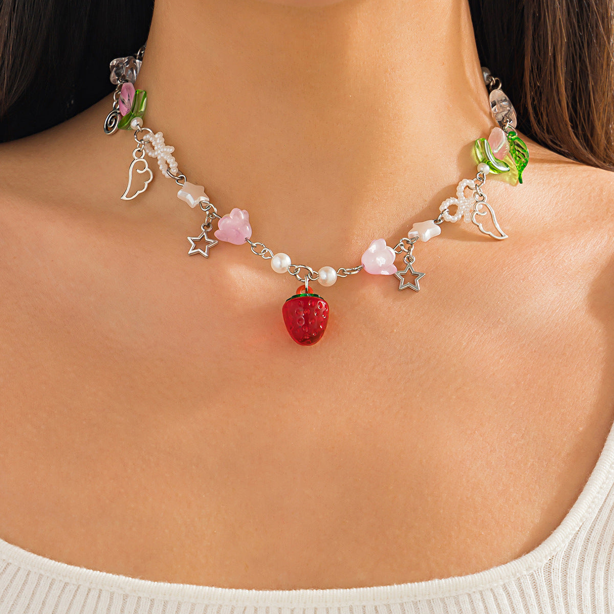 Sweet Style Bow Strawberry Simple Imitation Pearl Necklaces