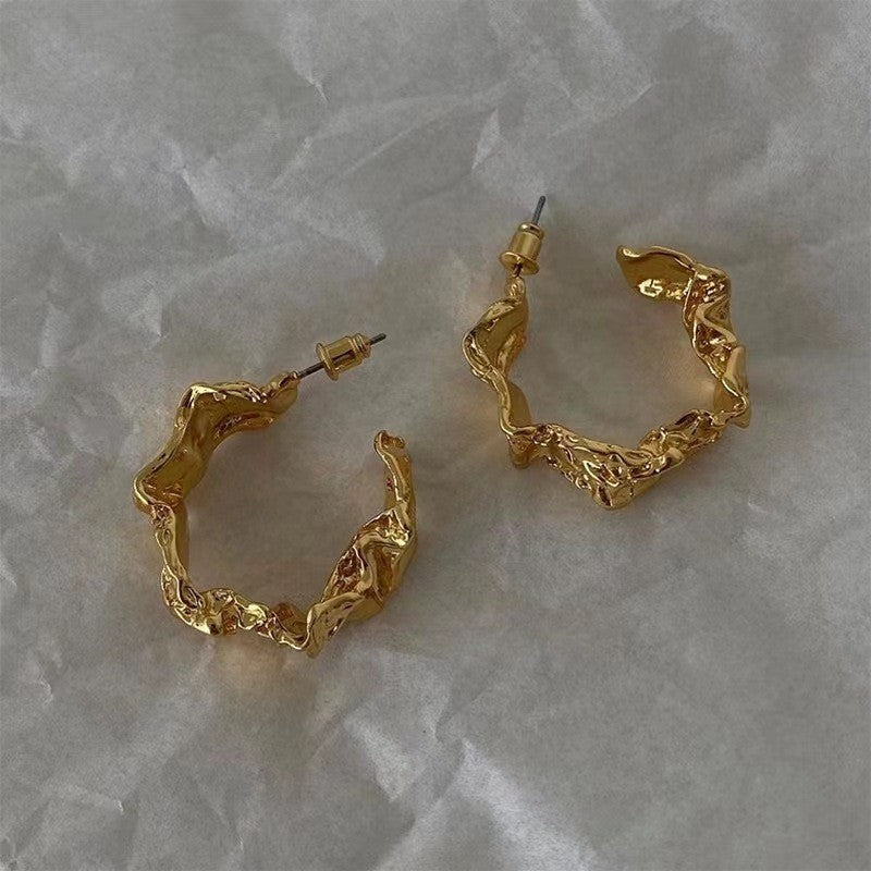 Sier Needle Metal Pleated Lava Ear Female Niche Design Earrings