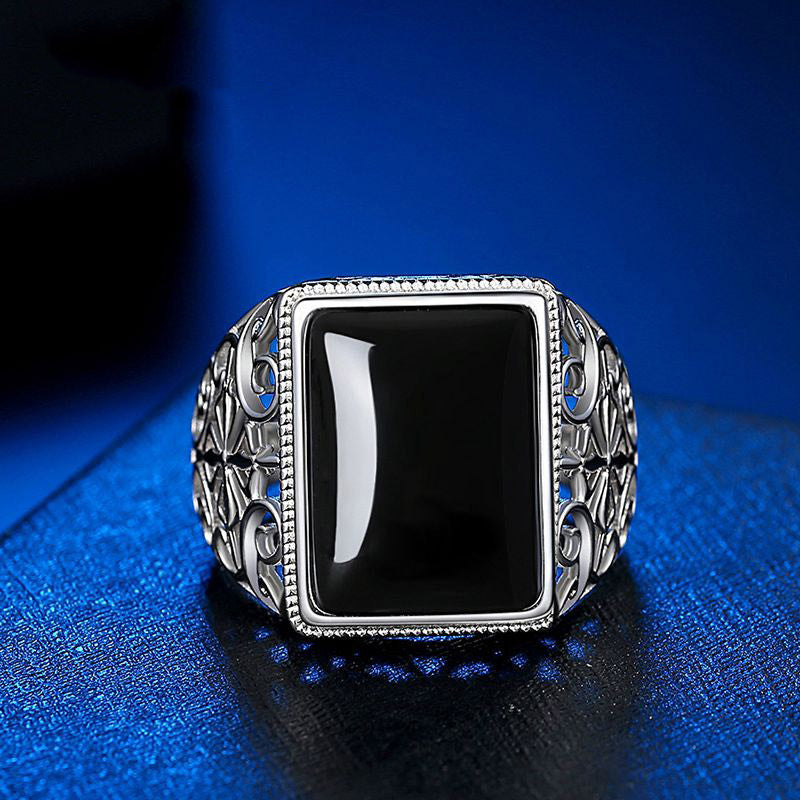 Men's Plated Black Agate Opening Domineering Personalized Rings