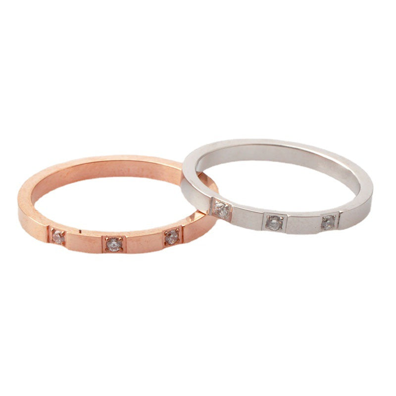 Style Simple Rhinestone Three Rose Gold Zircon Titanium Steel Rings